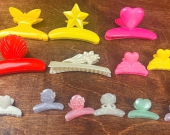 Vintage 1980s Vibrant Colors Hair Clips Lot of 13 Star Shell Heart Flowers