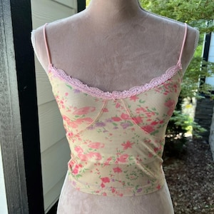 Vintage Y2K Flower Print Cottage Core Cami Lacy Crop Top Size Small