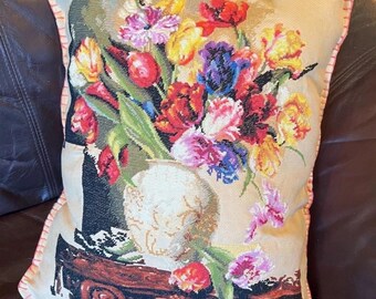 Handmade Cross Stitch Decorative Floral Needlepoint Throw Pillow 14x18