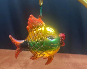 Vintage Blown Glass Tropical Fish w Kissy Lips Christmas Ornament
