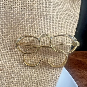 Vintage Gold Tone Rhinestone Glasses Brooch
