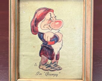 1938 Disney Snow White and the Seven Dwarfs Grumpy Framed Lithograph 4.5"x5.5"
