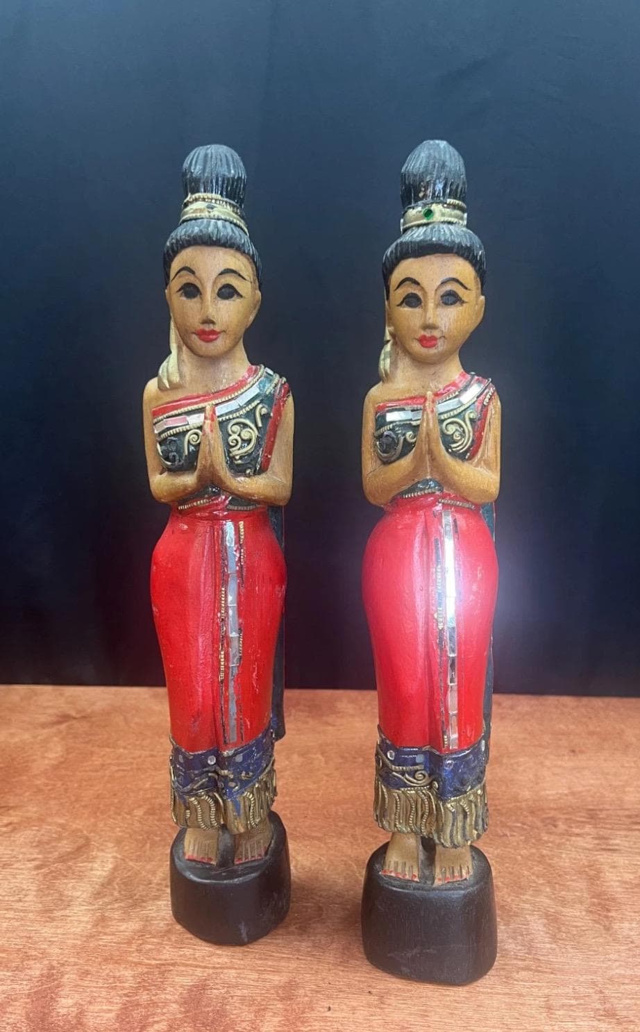 Vintage Pair Wooden Thai Sawasdee Lady Welcome Praying Statue 15
