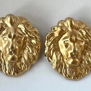 1980s Lion Head Leo Oversized Statement Satin Gold Earrings