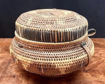 Vintage Hand Woven Coil African Basket with Lid