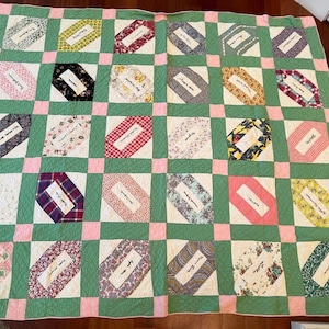 Vintage 1940s Handmade Patchwork Friendship Embroidered  Signature Quilt 68x77