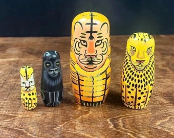 Hand Painted Big Cat Wooden Nesting Dolls Tiger Cheetah Leopard