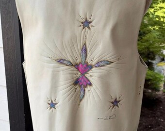Vintage Jos Binné Leather Deerskin Vest Signed Tooled Hand Painted Feathers L