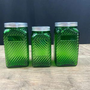 Vintage Owens Illinois Green Depression Era Glass Canister Pantry Jars 3-Pc Set