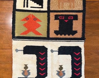 Vintage Hand gewebter Teppich Südamerika Wandbehang Katze Frosch Skorpion