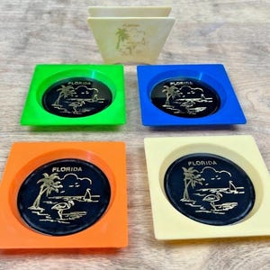 Vintage MCM Coasters Made in Hong Kong Multicolored Florida Souvenir