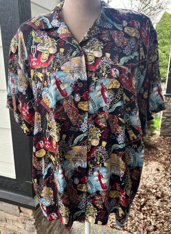 Vintage Nicole Miller Silk Shirt Wine Bottles Barrels Winery Napa Valley Large