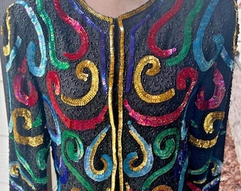 Vtg 80's Night Vogue Women's Glamour All Over Sequin Beaded Silk Black Jacket S