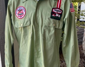 Vintage 1970s Texaco Operator Long Sleeve Uniform Shirt Size Med Lion 3 Patches