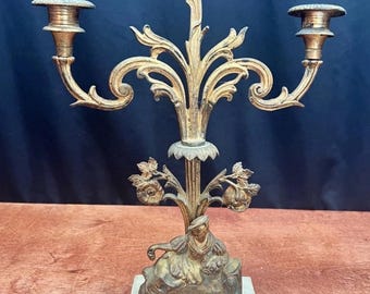 Vintage Brass and Marble Ornate Candle Holder Gothic Hollywood Regency