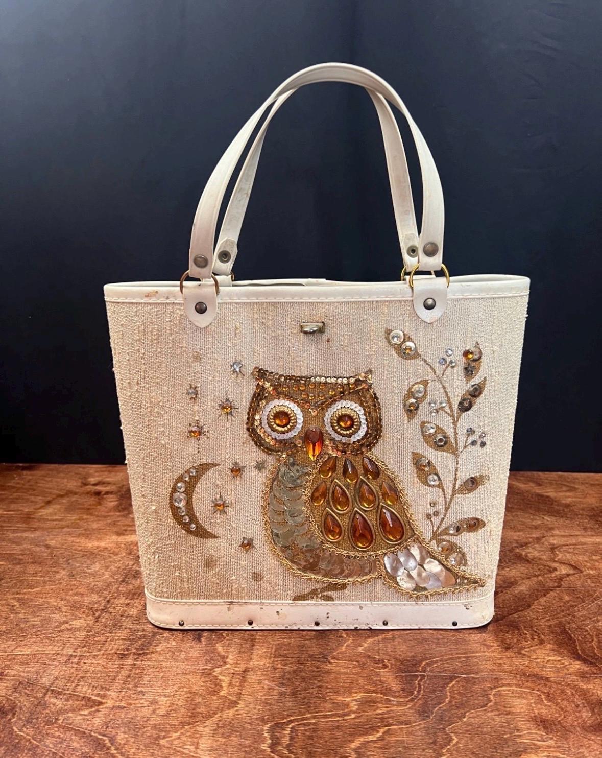 Vintage 1950s Handbag Rhinestone Owl & Wood Base Whimsical Bucket Purse