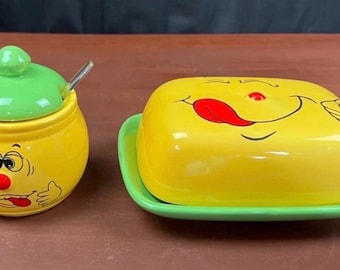 Vintage Yellow Ceramic Silly Funny Face Sugar Bowl & Butter Dish