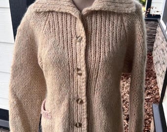 Vintage Light Brown Chunky Wool Collar Cardigan Sweater Handmade