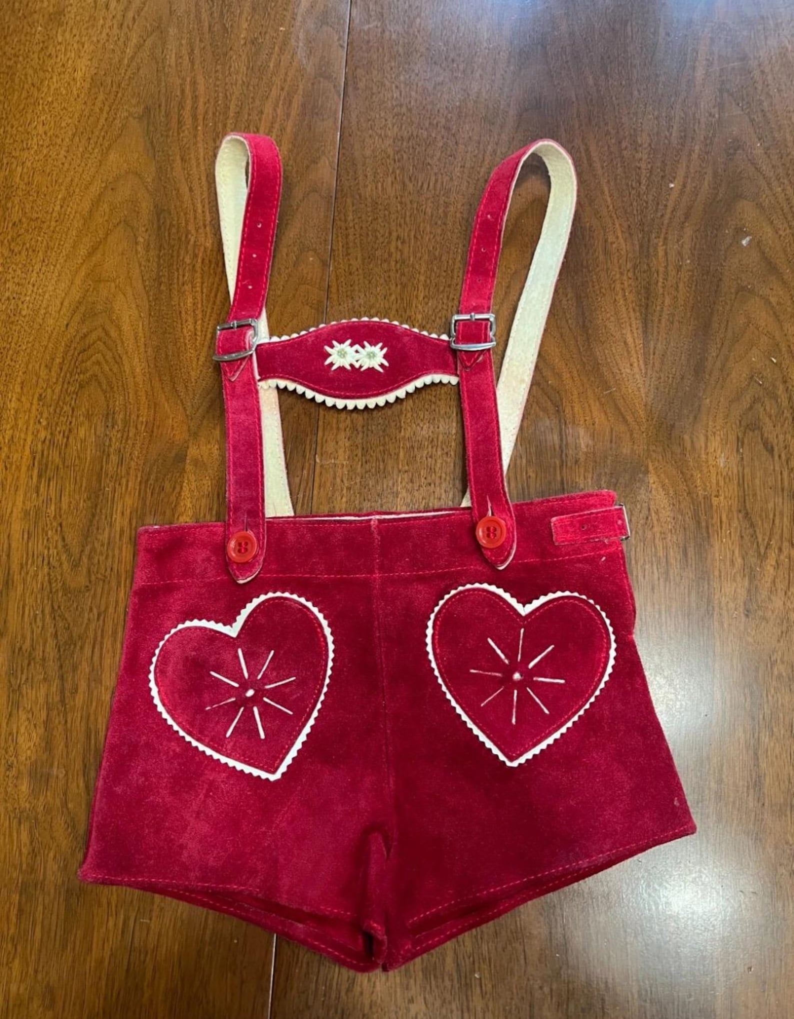 Vintage German Children’s Lederhosen Red Heart and White Leather Suede