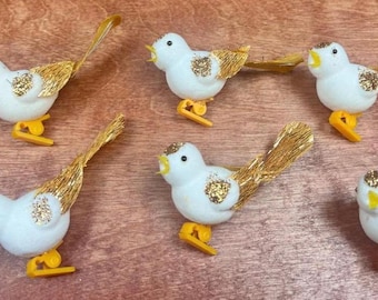 Vintage 1960s Bird Clip-On Ornaments White & Gold Glittered Lot of 6 Japan