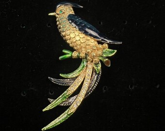 Broche Vintage Oiseau De Paradis émaillé - Milieu XXe Siècle, Plaqué Or, Excellent état