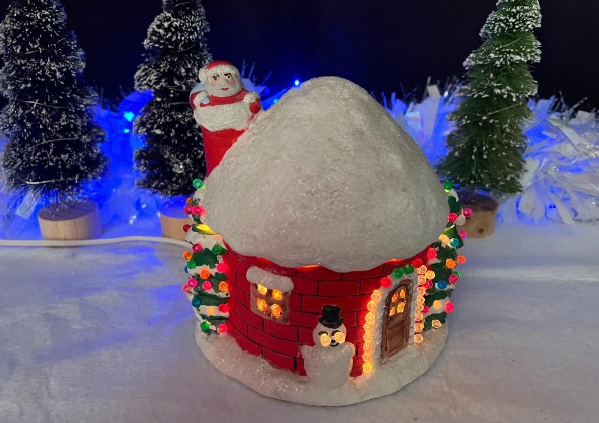 Vintage Kitschy Hand Painted Ceramic Light Up Christmas Santa Flocked Snow House