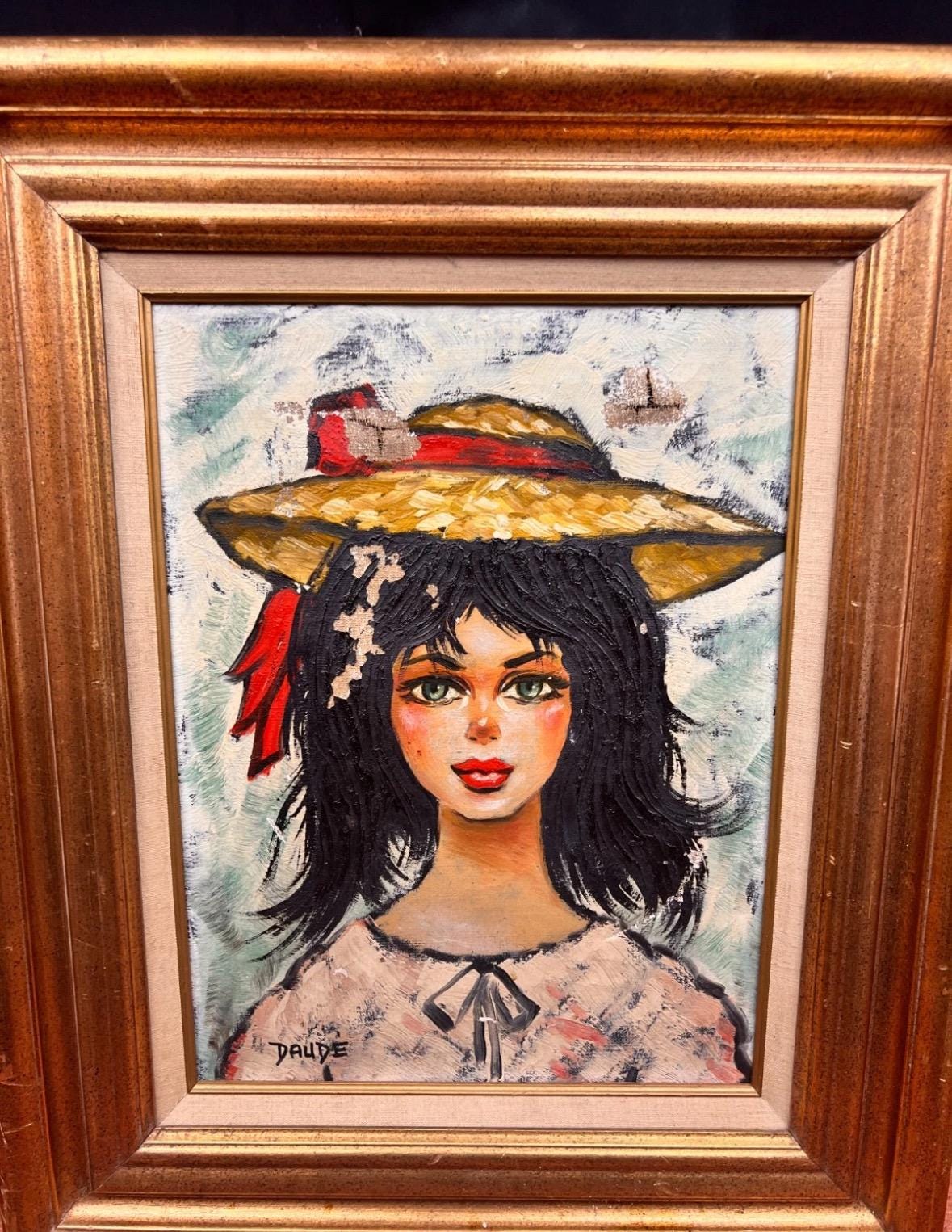 Vintage 1960s Andre Daude French Big Eye Girl Original Oil