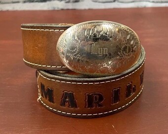 Vintage Western Tooled Leather Marilyn Leather Belt With Turquoised Inlays 34