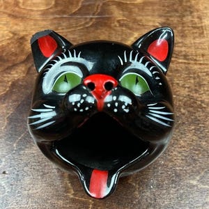 Vintage MCM 1950's Shafford Redware Pottery Black Cat Head Ashtray