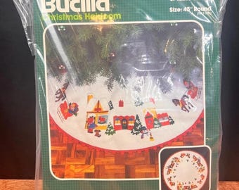 Vtg Bucilla Felt Christmas Tree Skirt Kit Sparkle City 45 Round Sealed Village