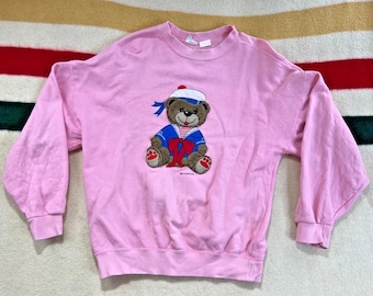 Vintage 1980s Pink Sailor Teddy Bear Crewneck Sweatshirt Grandma Core XL