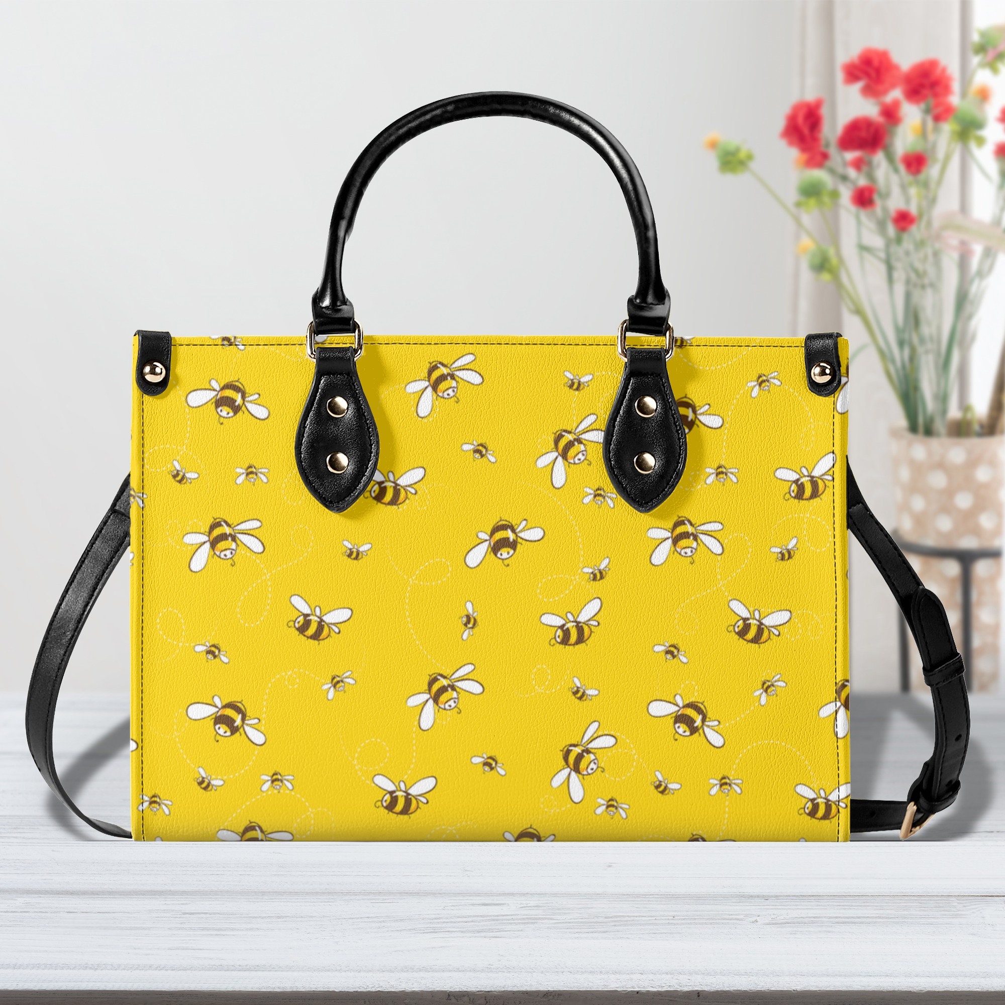 Bee Women Leather Handbag, Travel handbag, Gift for fan