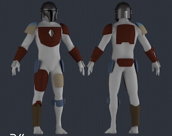 May include: A full-body 3D render of a Mandalorian-style armor suit, showcasing front and back views. The armor features a white bodysuit with brown, tan, and blue accents. The helmet is dark gray. The image includes the text "LEGIAO DE FERRO" and "3D STUDIOS".