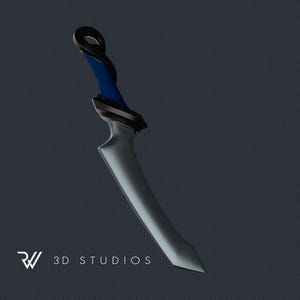 May include: A curved dagger with a silver blade and a handle with black, blue, and silver details. The handle has a loop at the top. The text "3D STUDIOS" is at the bottom.