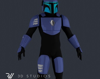 Puede incluir: Imagen de cuerpo entero de un traje de guerrero futurista. El traje es principalmente azul con capas inferiores negras. El casco tiene una visera y antena turquesa. La placa del pecho presenta un emblema plateado. El texto "RW 3D STUDIOS" está en la esquina inferior izquierda.