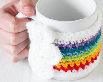 Rainbow Mug Cozy Crochet Pattern with Cloud Applique (Printable PDF)