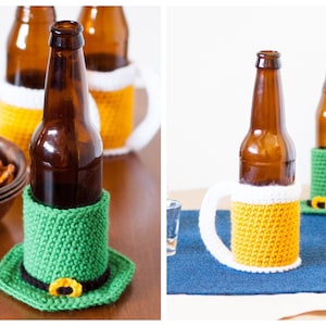 May include: Two brown glass beer bottles with crocheted bottle cozies. One bottle cozy is green and shaped like a leprechaun hat. The other bottle cozy is yellow and white and shaped like a beer mug.