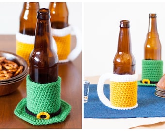 TWO St. Patrick's Day Beer Cozy Crochet Patterns (Printable PDF pattern for Leprechaun Hat and Beer Mug cozies)