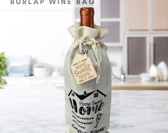 Home Sweet Home Wine bag with House Tag Burlap Wine Bag House Warming Wine bag