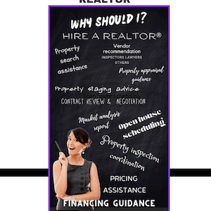 May include: A chalkboard with the text "Why Should I? Hire a Realtor®" and a list of reasons to hire a realtor, including property search assistance, vendor recommendations, property appraisal guidance, property staging advice, open house scheduling, contract review and negotiation, market analysis report, open house scheduling, property inspection coordination, pricing assistance, and financing guidance. The image also includes a red stamp that says "Instant Download" and the text "Can be fully customized".