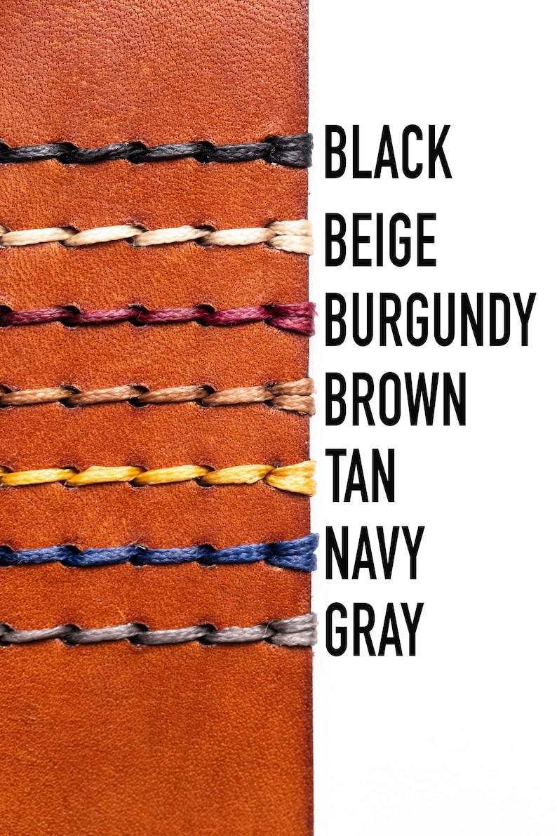 May include: A close-up of a leather strap with stitching in various colors, including black, beige, burgundy, brown, tan, navy, and gray. The colors are labeled on the right side of the image.
