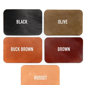 May include: Five leather swatches in different colors: black, olive, buck brown, brown, and russet.
