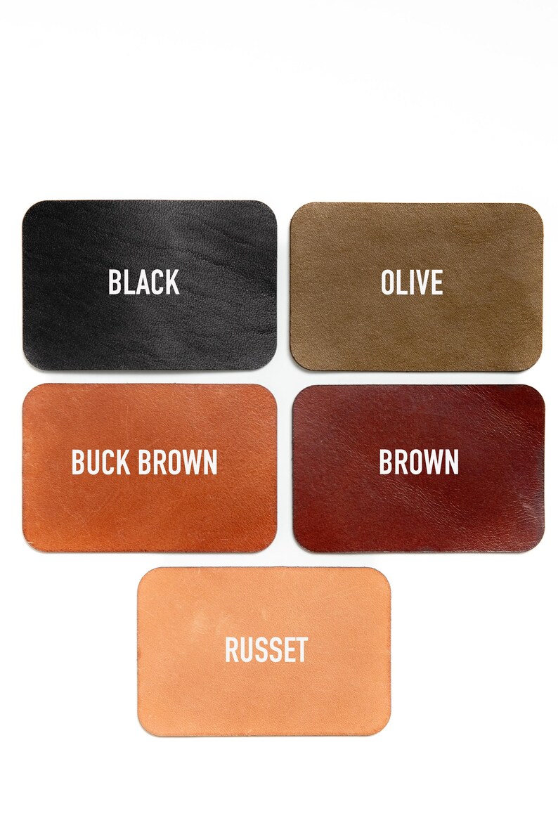 May include: Five leather swatches in different colors: black, olive, buck brown, brown, and russet.