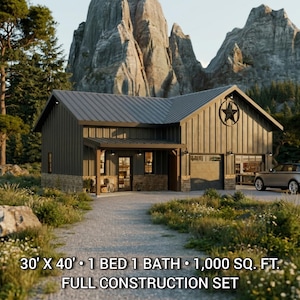 May include: A dark gray metal-sided house with a stone base, a covered porch, and a garage. A black star emblem is mounted on the front gable. Text on the image reads: 30' X 40' • 1 BED 1 BATH • 1,000 SQ. FT. FULL CONSTRUCTION SET. The house has a metal roof.