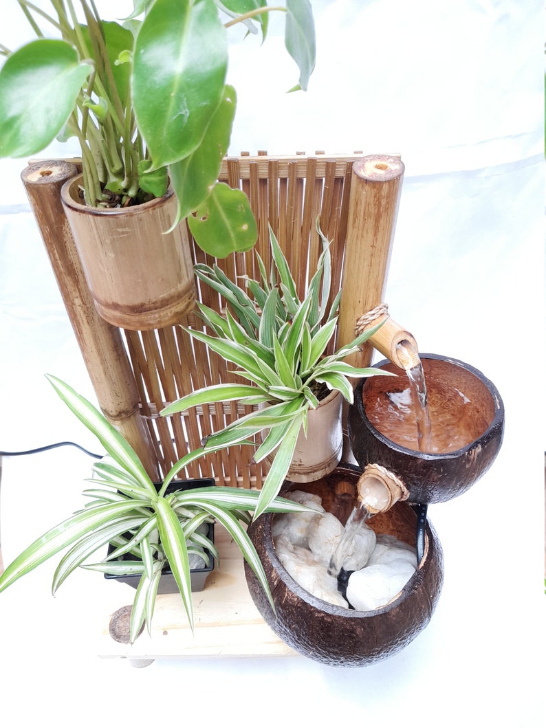 Coconut Shell and Bamboo Table Top Water Fountain