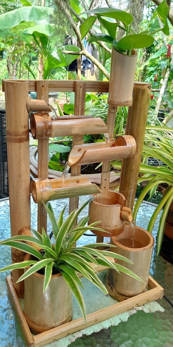 Handgefertigter Bambusbrunnen mit Doppelschalen, Indoor Tabletop Decor