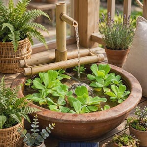 Op de afbeelding: Een ronde terracotta kom gevuld met water en drijvende groene waterplanten, voorzien van een bamboe fonteinuitloop die een gestage stroom water in het midden giet. Een klein, rechthoekig zwart zonnepaneel ligt voor de kom.