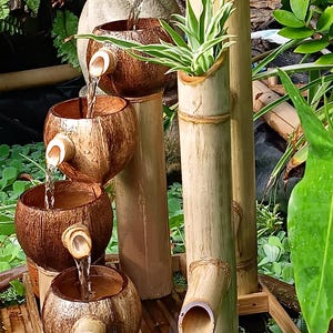 以下が含まれることがあります： ココナッツの殻と竹で作られた多層の噴水。水はココナッツの殻から小さな池に流れ込みます。噴水は緑豊かな植物に囲まれ、穏やかな庭の要素を作り出しています。