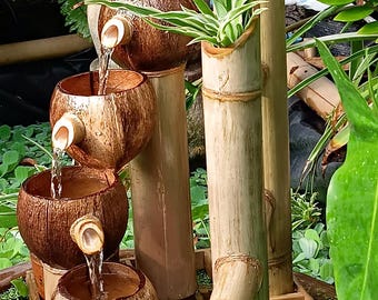 Handmade Bamboo Coconut Fountain: Double Water Flow, Indoor/Outdoor Water Feature