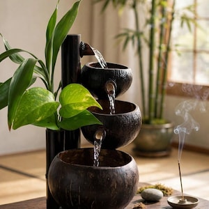 以下が含まれることがあります： 3つの濃い茶色のココナッツの殻のボウルが垂直に積み重なり、その間を水が流れる段差のある噴水。背の高い暗い竹の茎がボウルの横に立ち、緑の葉の植物を支えている。近くで小さなお香が焚かれている。